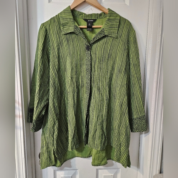 Ali Miles Green Striped Rayon 3/4 Sleeve Art To Wear Button Up - Picture 1 of 6